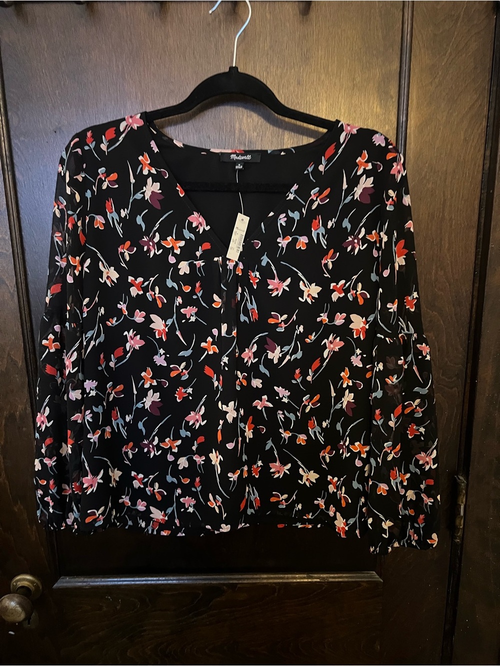 Madewell Black Floral V-Neck Blouse with flowers - NWT